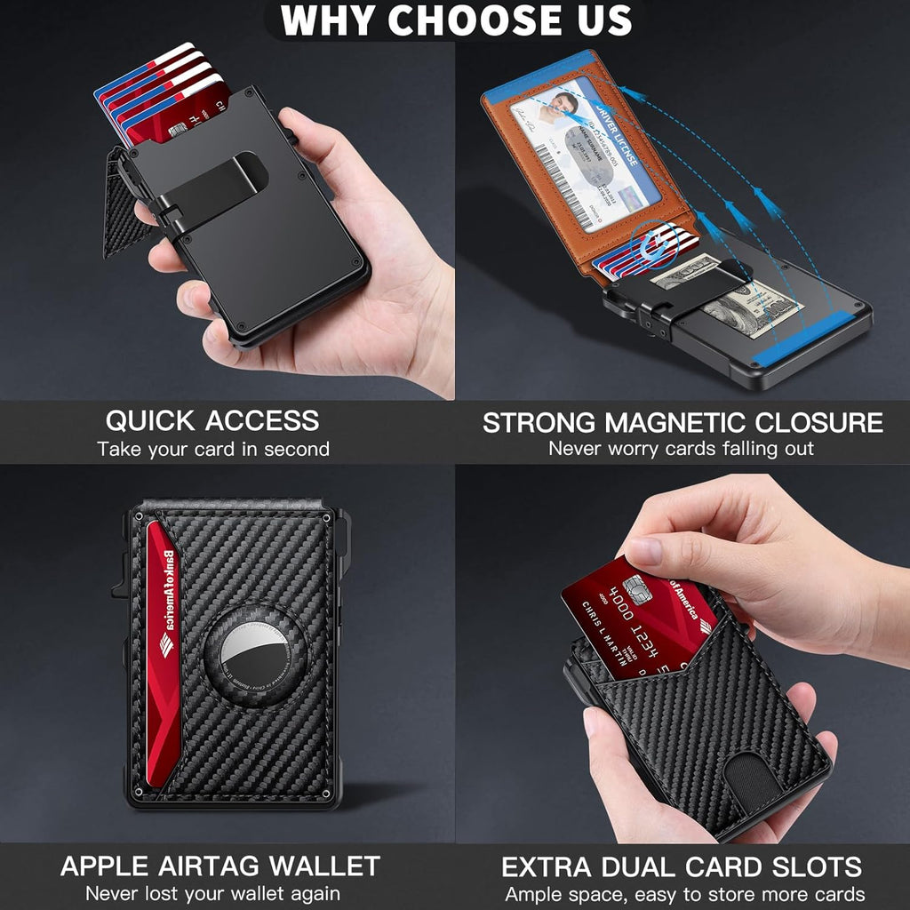Airtag Wallet for Men, Mens Smart Wallet for Air Tag RFID Blocking, Minimalist Bifold Pop Up Aluminum Credit Card Case Holder 12+ Cards with ID Window, Gift for Men, No Airtag Included, Carbon Fiber