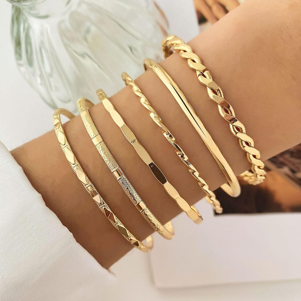 IFKM Gold Bangle Bracelets For Women, 14k Gold Plated Multi Layer Stackable Cuff Bracelet Set, Trendy Elegance Charms Non Tarnish Minimalist Textured Boho Jewelry Gift for Women