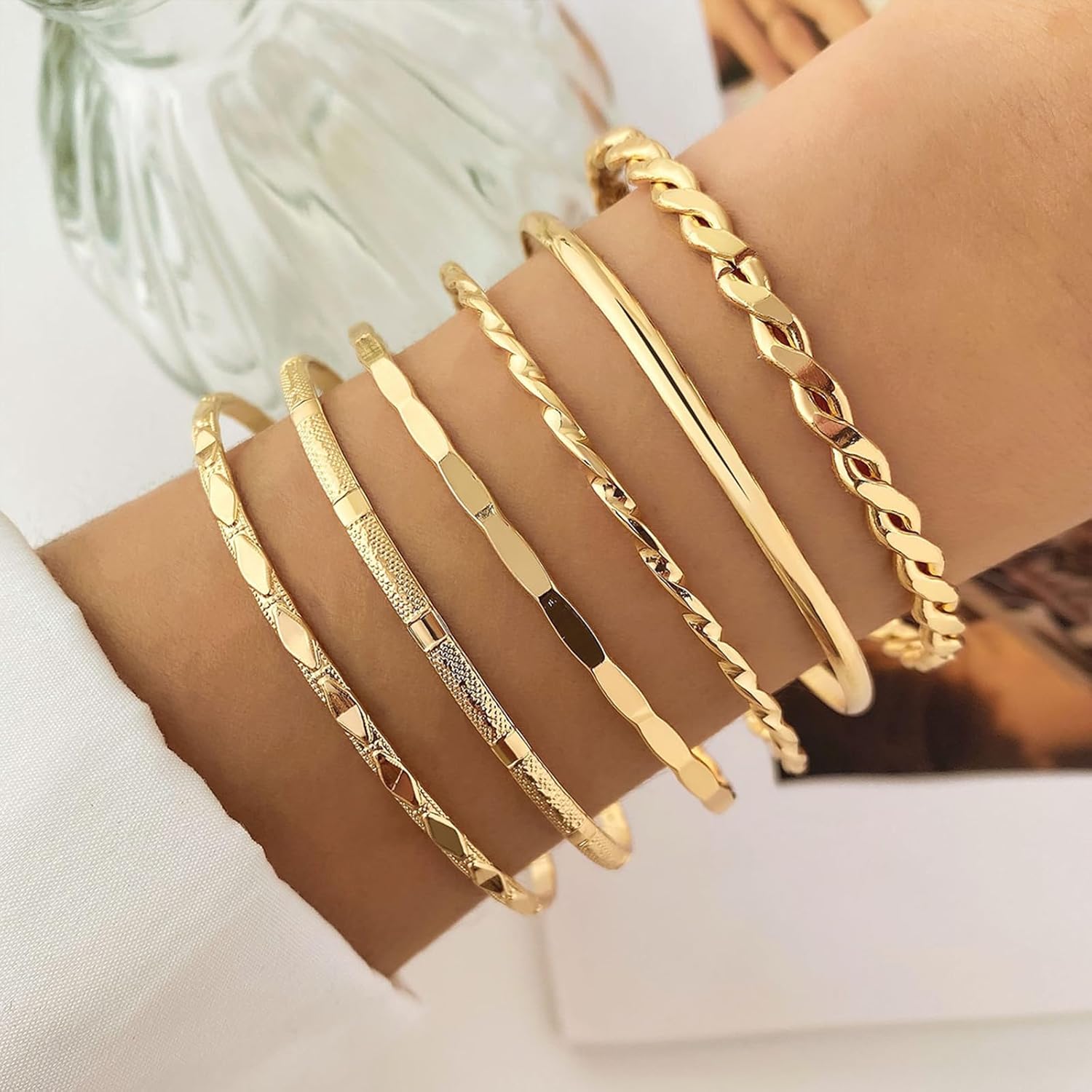 IFKM Gold Bangle Bracelets For Women, 14k Gold Plated Multi Layer Stackable Cuff Bracelet Set, Trendy Elegance Charms Non Tarnish Minimalist Textured Boho Jewelry Gift for Women
