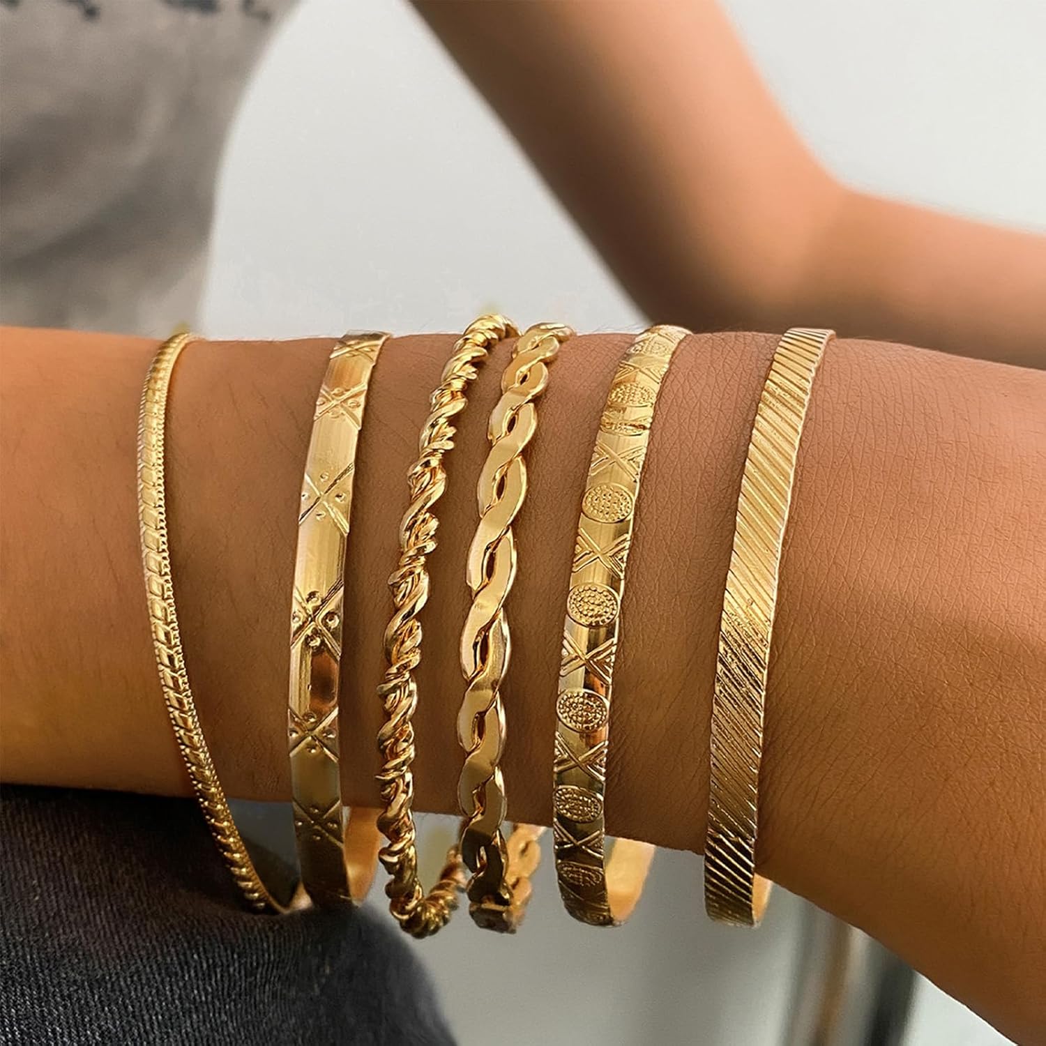 IFKM Gold Bangle Bracelets For Women, 14k Gold Plated Multi Layer Stackable Cuff Bracelet Set, Trendy Elegance Charms Non Tarnish Minimalist Textured Boho Jewelry Gift for Women