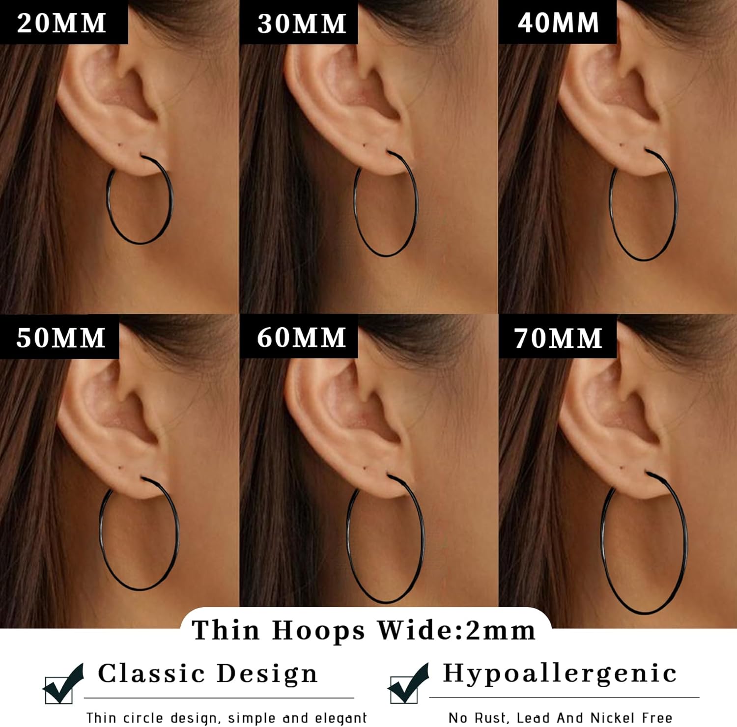 Senteria 2mm Wide 925 Sterling Silver Hoop Earrings for Women Hypoallergenic Lightweight Thin Large Big Gold Plated Hoops Earrings for Women 20/30/50/70MM