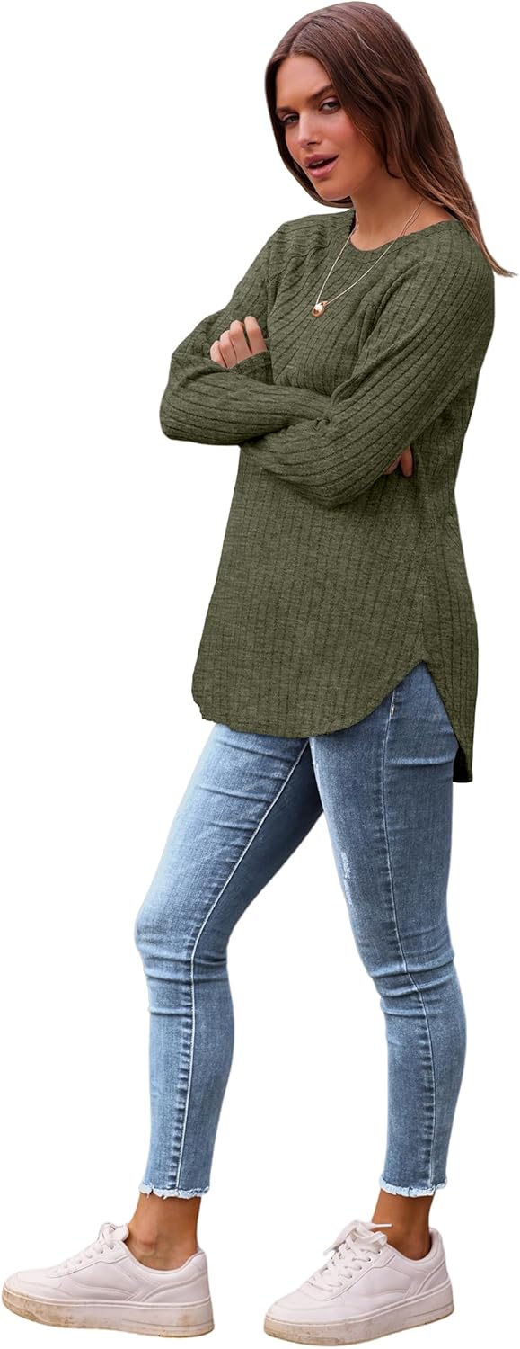 Saloogoe Long Sleeve Shirts for Women 2025 Fall Clothes Tunic Tops Loose Fit Dressy Crewneck Pullover Sweaters Curved Hem