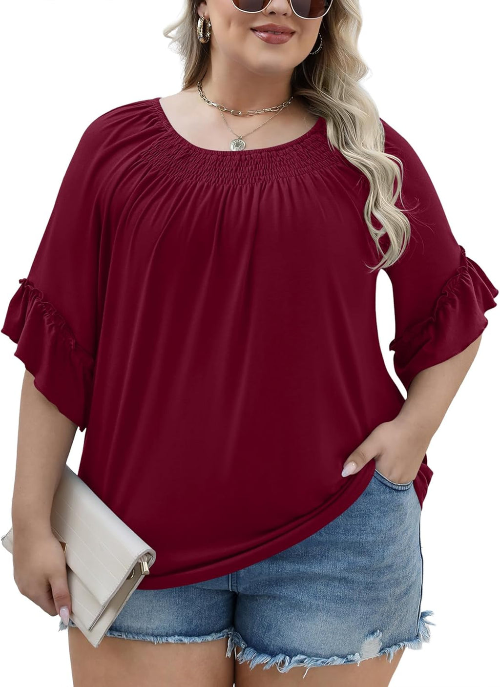 Micoson Womens Plus Size Tops 3/4 Ruffle Sleeve Shirts Crewneck Pleated Blouses Dressy Casual Fashion Tunic Top (1X-5X)