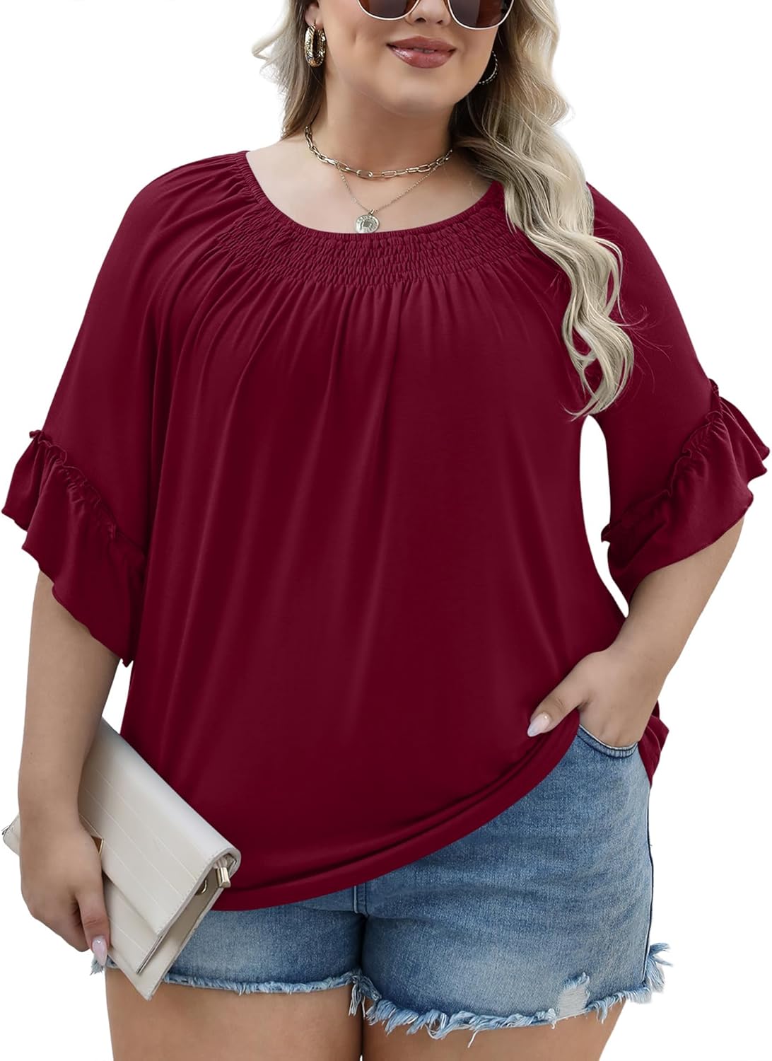 Micoson Womens Plus Size Tops 3/4 Ruffle Sleeve Shirts Crewneck Pleated Blouses Dressy Casual Fashion Tunic Top (1X-5X)