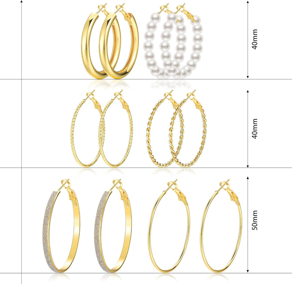Gold Hoop Earrings Set for Women, 12 Pairs Hypoallergenic Large/Big Thin Thick Gold Hoops Earrings Loop Pack for Jewelry Gift 40mm/50mm