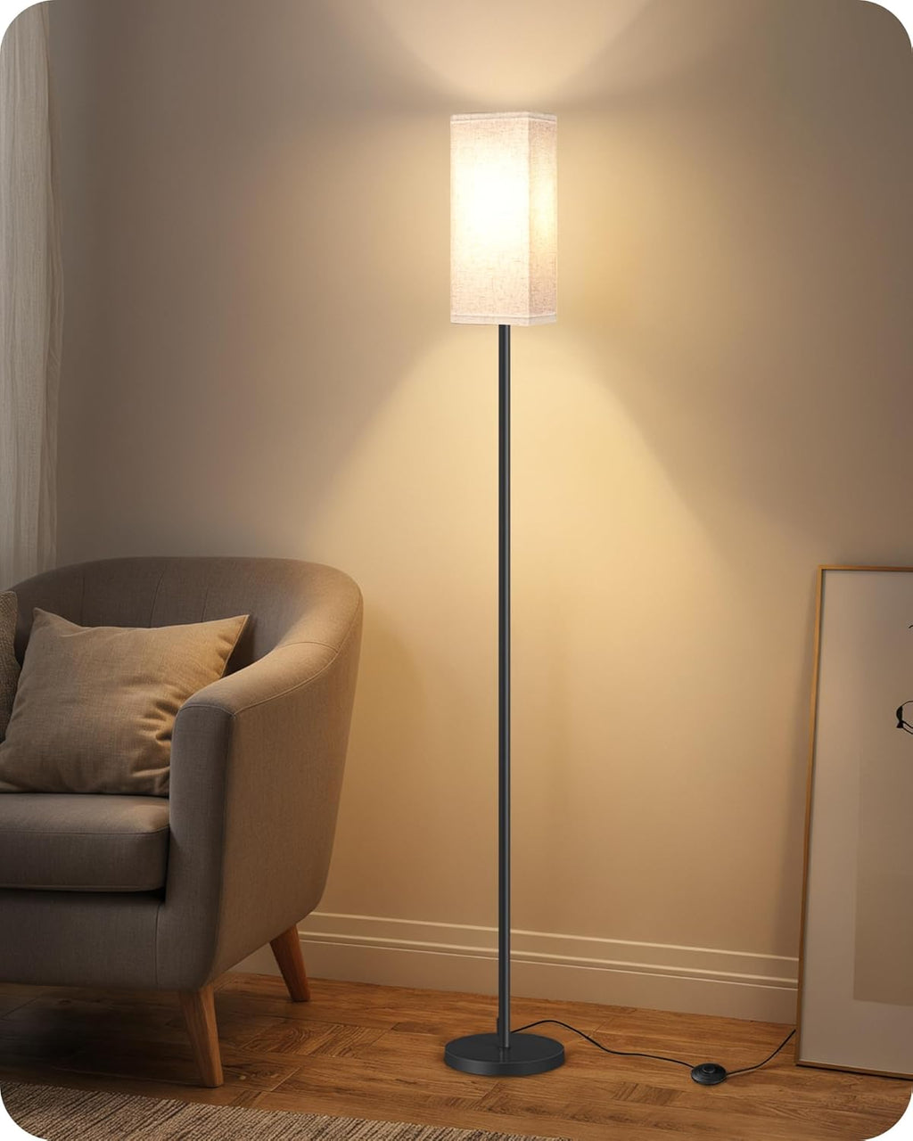 64.6" Floor Lamp, Pole with Foot Switch, Modern Standing Lamp Lampshade, Minimalist Freestanding Lamp (Bulb Not Included), for Living Room, Bedroom Office ETL Listed, Black and Beige E07LD05