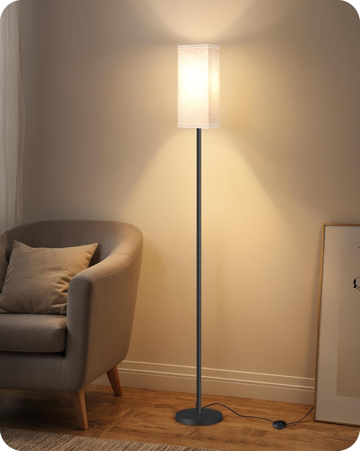 64.6" Floor Lamp, Pole with Foot Switch, Modern Standing Lamp Lampshade, Minimalist Freestanding Lamp (Bulb Not Included), for Living Room, Bedroom Office ETL Listed, Black and Beige E07LD05