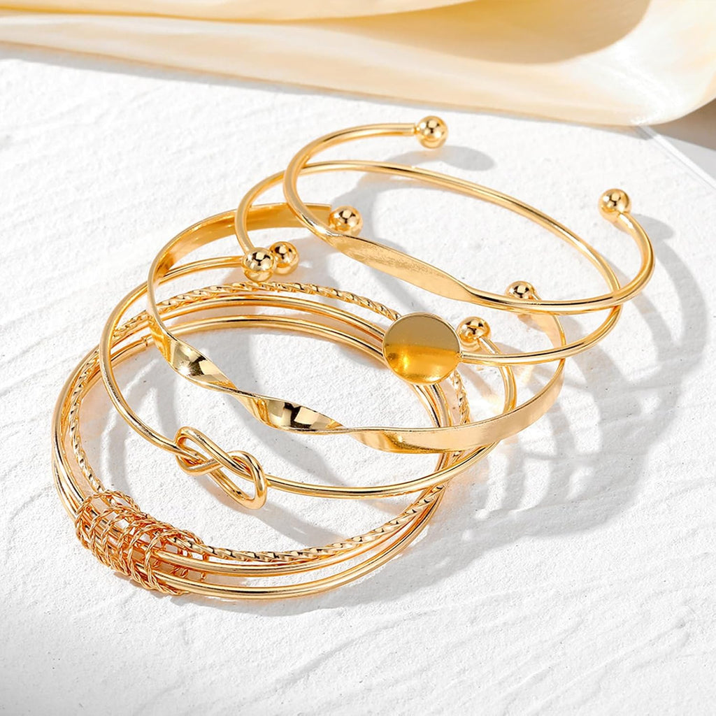 IFKM Gold Bangle Bracelets For Women, 14k Gold Plated Multi Layer Stackable Cuff Bracelet Set, Trendy Elegance Charms Non Tarnish Minimalist Textured Boho Jewelry Gift for Women