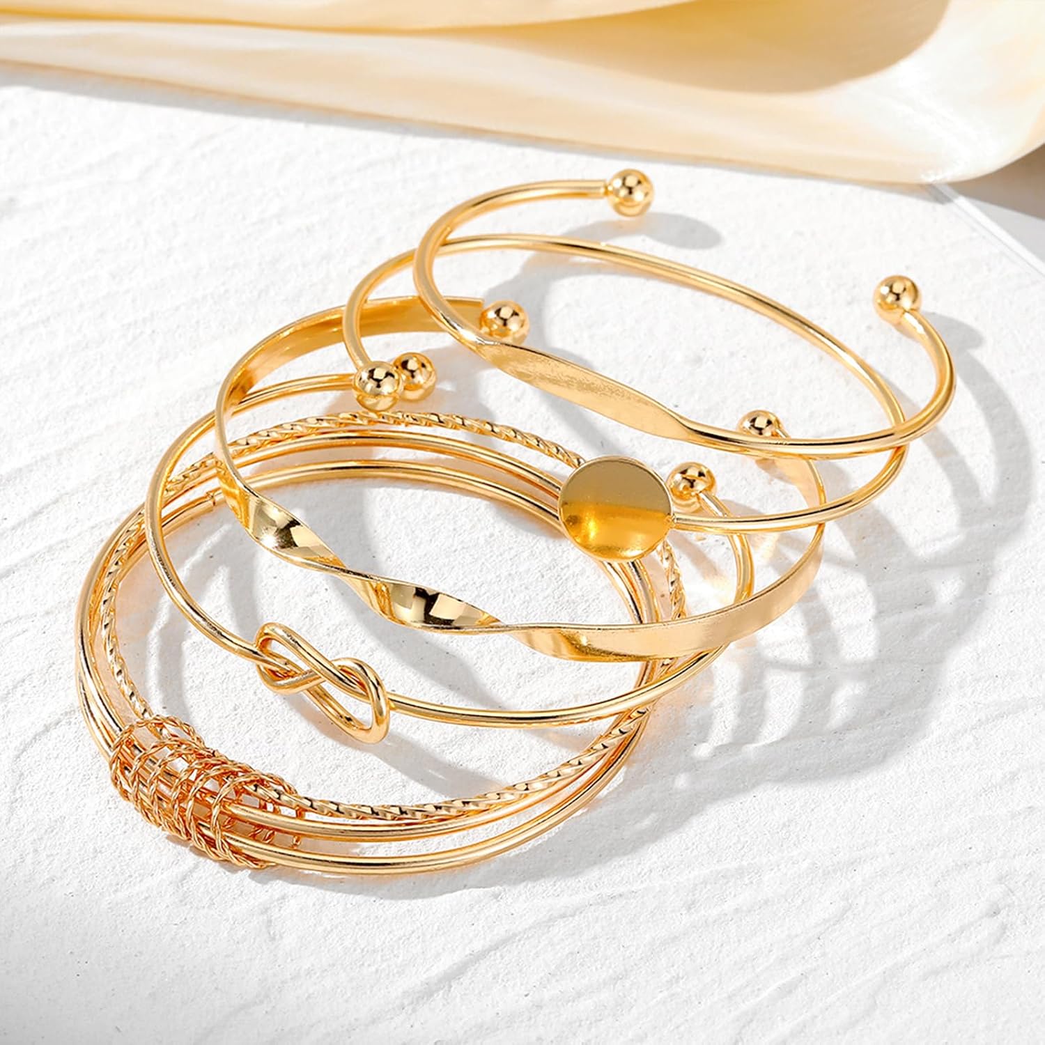 IFKM Gold Bangle Bracelets For Women, 14k Gold Plated Multi Layer Stackable Cuff Bracelet Set, Trendy Elegance Charms Non Tarnish Minimalist Textured Boho Jewelry Gift for Women