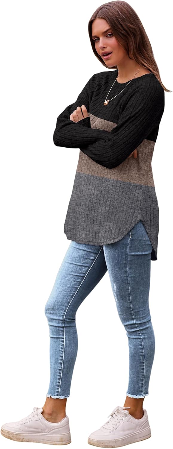 Saloogoe Long Sleeve Shirts for Women 2025 Fall Clothes Tunic Tops Loose Fit Dressy Crewneck Pullover Sweaters Curved Hem