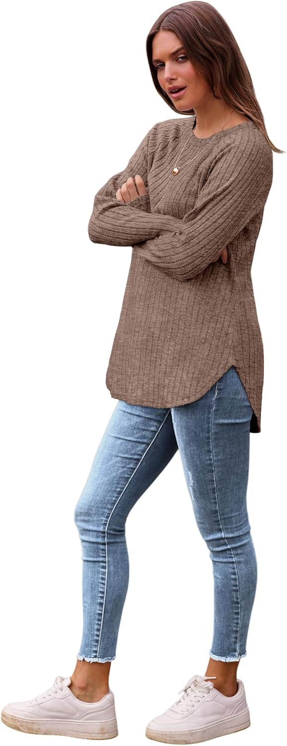 Saloogoe Long Sleeve Shirts for Women 2025 Fall Clothes Tunic Tops Loose Fit Dressy Crewneck Pullover Sweaters Curved Hem