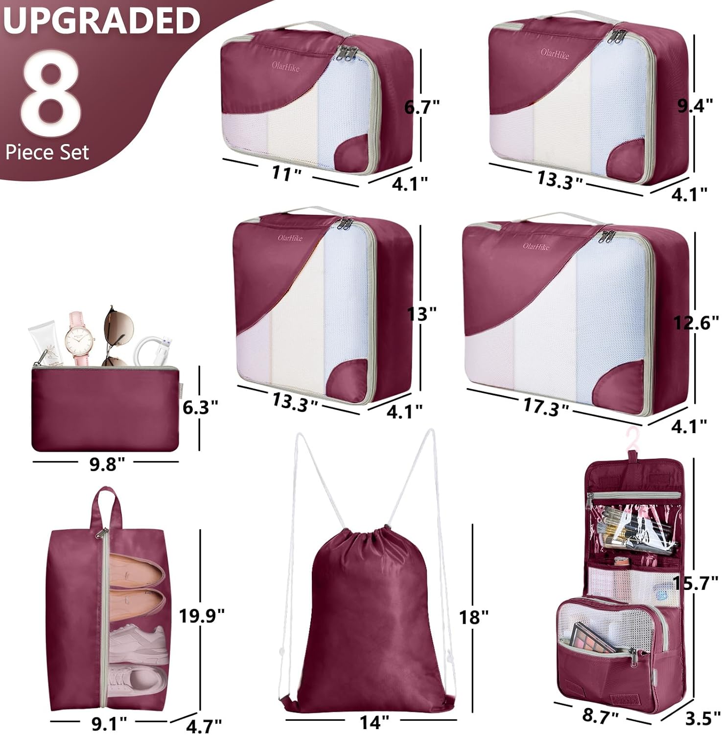 10 Set/8 Set Packing Cubes for Travel, Gifts for Women Mom,Anti-Tearing Suitcase Organizer for Luggage with Shoe & Hanging Toiletry Bag,OlarHike Vacation Essentials & Accessories for Cruise Ship,Cream