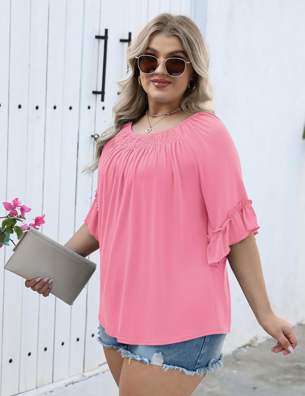 Micoson Womens Plus Size Tops 3/4 Ruffle Sleeve Shirts Crewneck Pleated Blouses Dressy Casual Fashion Tunic Top (1X-5X)