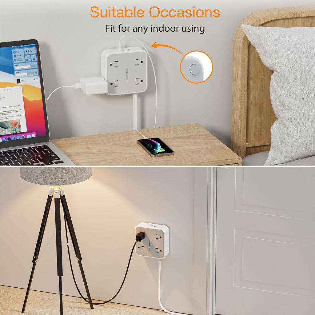 TESSAN Surge Protector Power Strip, 5 Ft Flat Plug Extension Cord with 3 USB (1 USB C) 8 Outlets, 900J Surge Protection, 3 Sided Outlet Extender with Power Switch for Office, Dorm Room Essentials