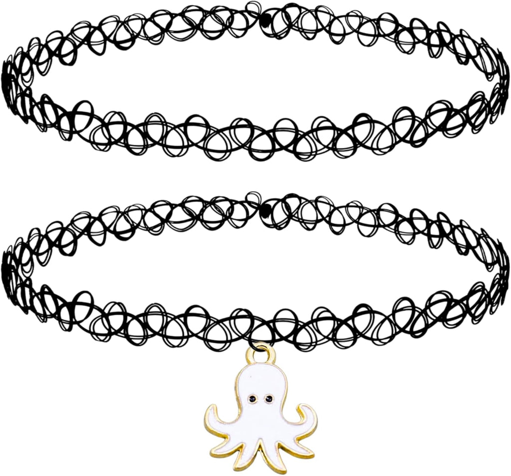 BodyJ4You 2PC Tattoo Choker Necklace - 90s Choker Necklace Women - 2000s Y2K Black Chokers Rainbow Choker - Butterfly Ying Yang Unicorn Rainbow Charms - Stretchy Elastic Necklace