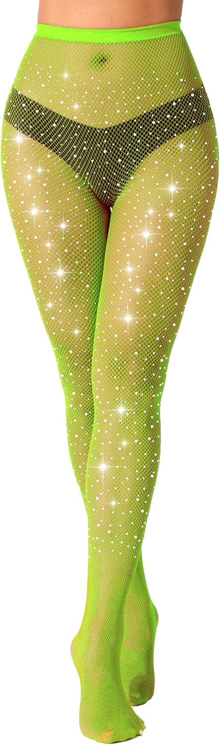 VEBZIN Sexy Sparkly Fishnets Stockings Jeweled High Waist Fishnet Tights for Women Rhinestone Party Pantyhose