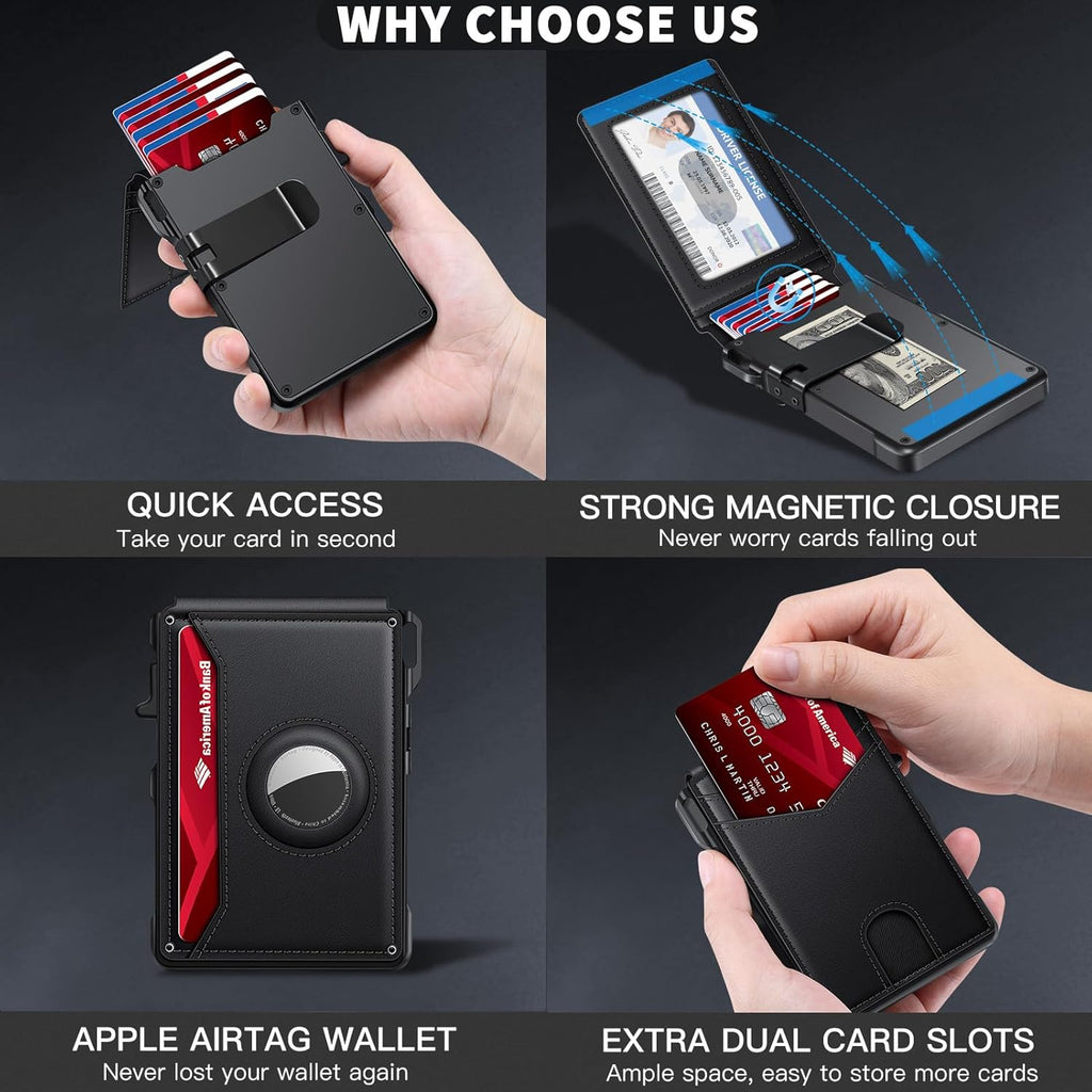 Airtag Wallet for Men, Mens Smart Wallet for Air Tag RFID Blocking, Minimalist Bifold Pop Up Aluminum Credit Card Case Holder 12+ Cards with ID Window, Gift for Men, No Airtag Included, Carbon Fiber