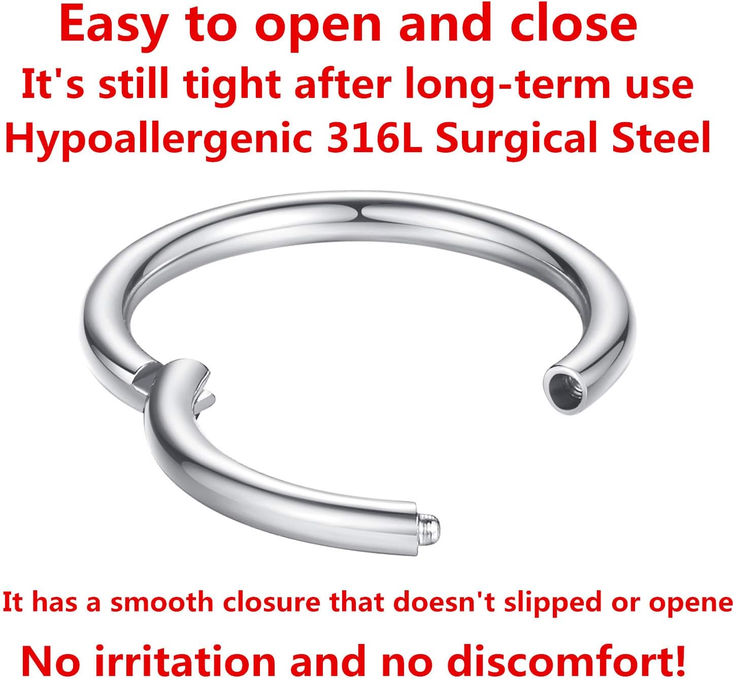 ORANGELOVE Hypoallergenic Nose Rings 20G 18G 16G 14G 12G 10G 8G 316l Surgical Steel Septum Jewelry Hinged Segment Ring Body Piercing Nose Hoop Lip Rings Nose Helix Cartilage Rook Earrings