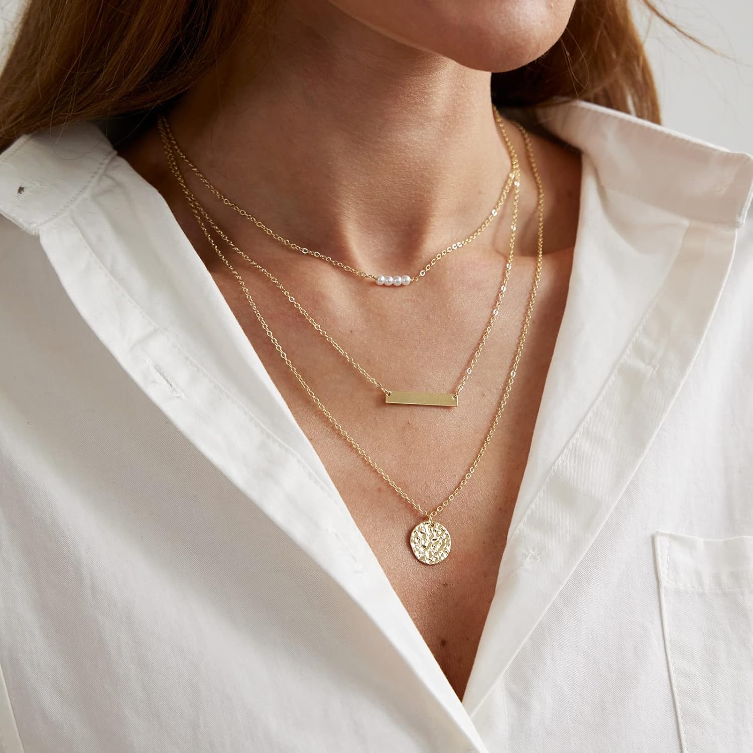 Dainty Pearl Pendant Necklaces for Women 14K Gold Plated Handmade Layered Pearl Chain Necklace Delicate Layered Pearl Necklace Everyday Jewelry Gift