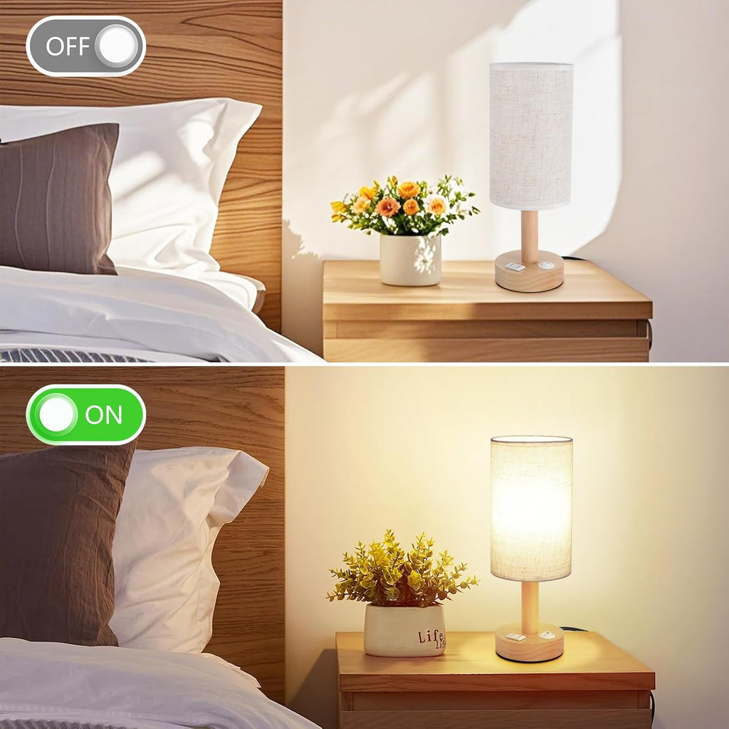 Small Bedside Table Lamp for Bedroom, Minimalist Wood Base & Round Fabric Shade, Mini Cute Cozy Warm White Nightstand Boho Lamp, Study Desk Night Stand Light for Room, Dorm, Nursery, Living Room