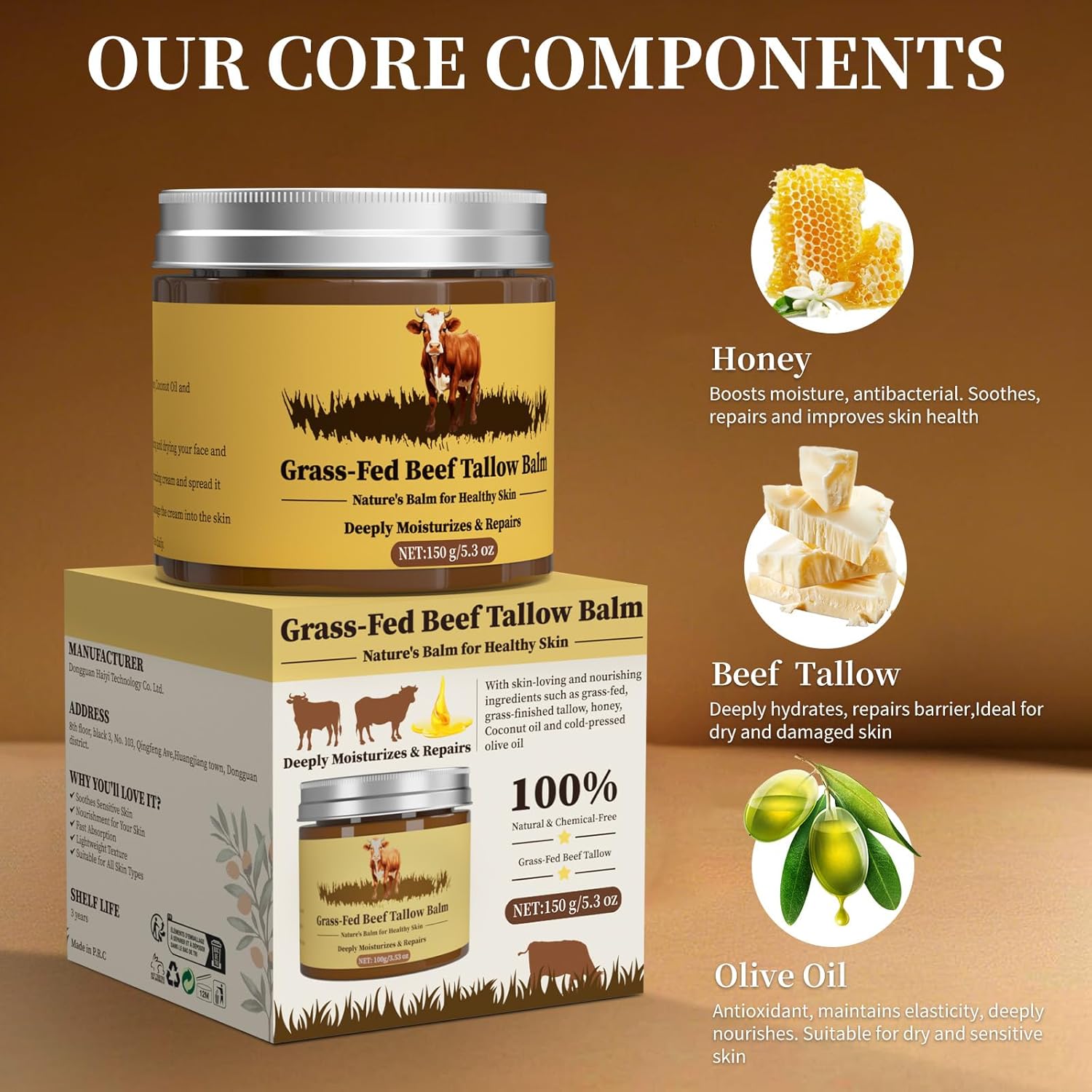 Beef Tallow for Skin, Tallow and Honey Balm, Facial Moisturizer Cream, 100% Organic Grass Fed Whipped Beef Tallow Balm Deeply Moisturizing for Face & Body, Suitable For All Skin Types(3.53oz)