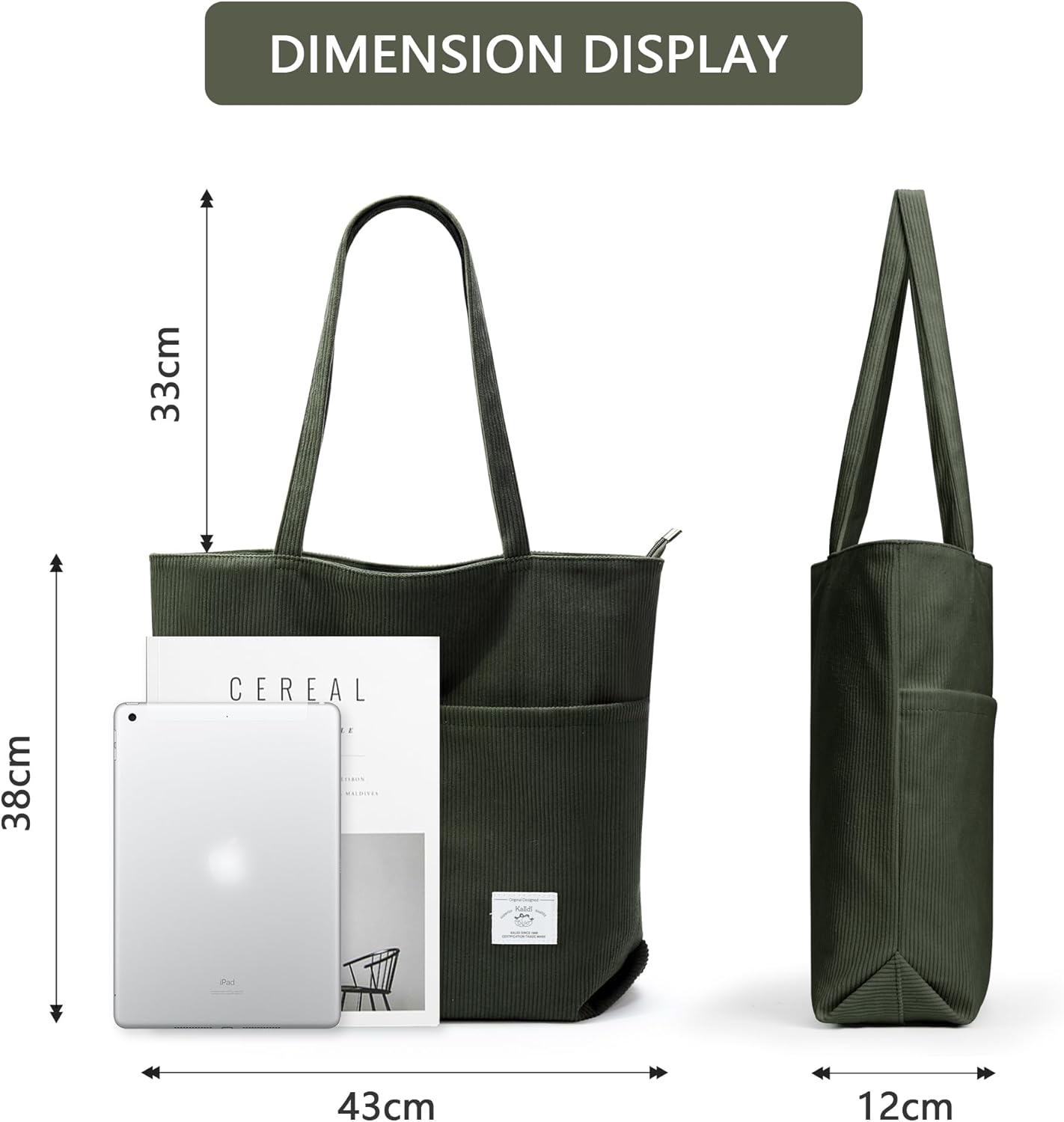 KALIDI Women Corduroy Tote Bag Zipper Casual Tote's Handbag Big Capacity Shoulder Bag with Pockets