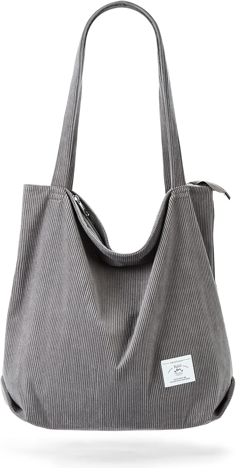 KALIDI Women Corduroy Tote Bag Zipper Casual Tote's Handbag Big Capacity Shoulder Bag with Pockets