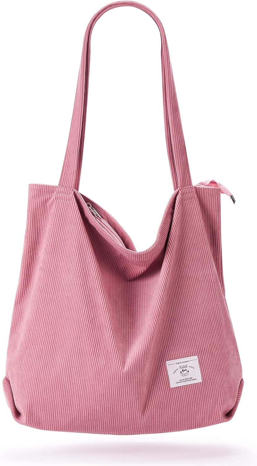 KALIDI Women Corduroy Tote Bag Zipper Casual Tote's Handbag Big Capacity Shoulder Bag with Pockets
