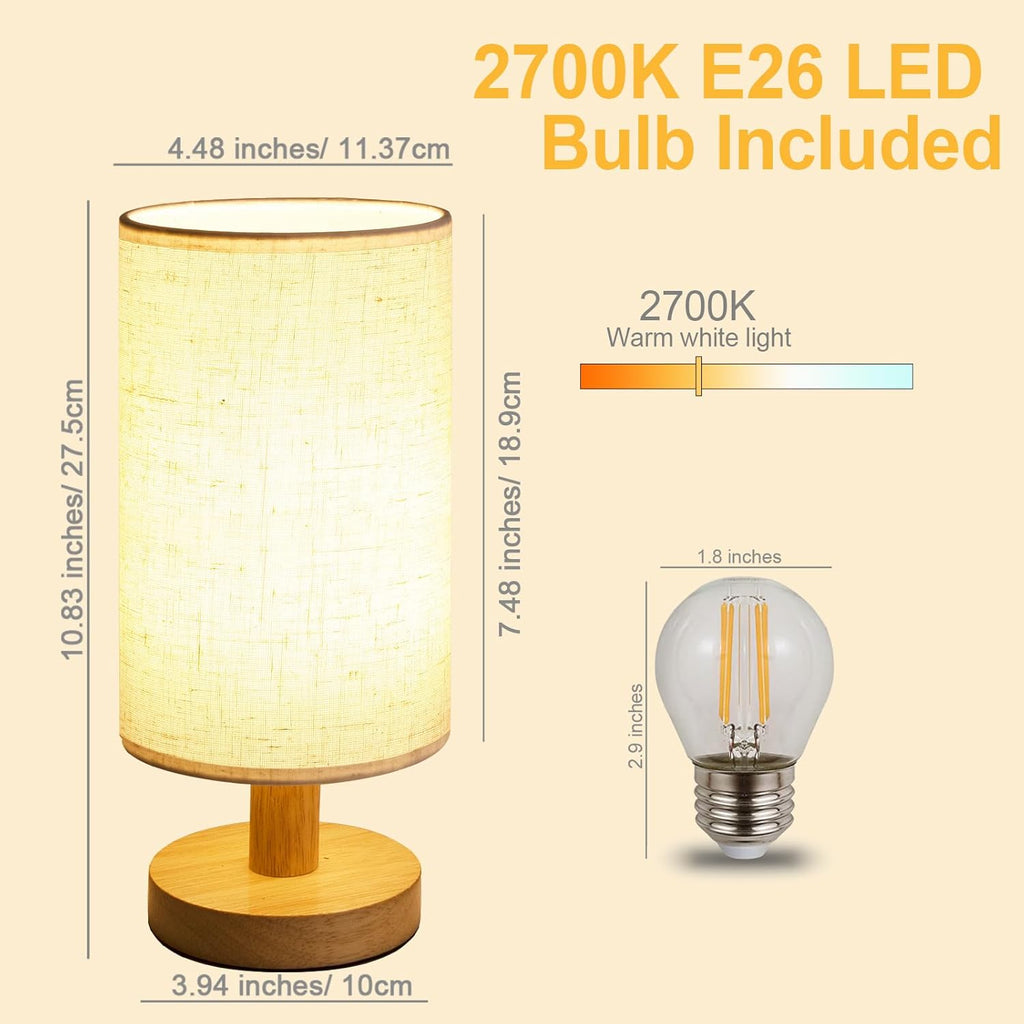 Small Bedside Table Lamp for Bedroom, Minimalist Wood Base & Round Fabric Shade, Mini Cute Cozy Warm White Nightstand Boho Lamp, Study Desk Night Stand Light for Room, Dorm, Nursery, Living Room