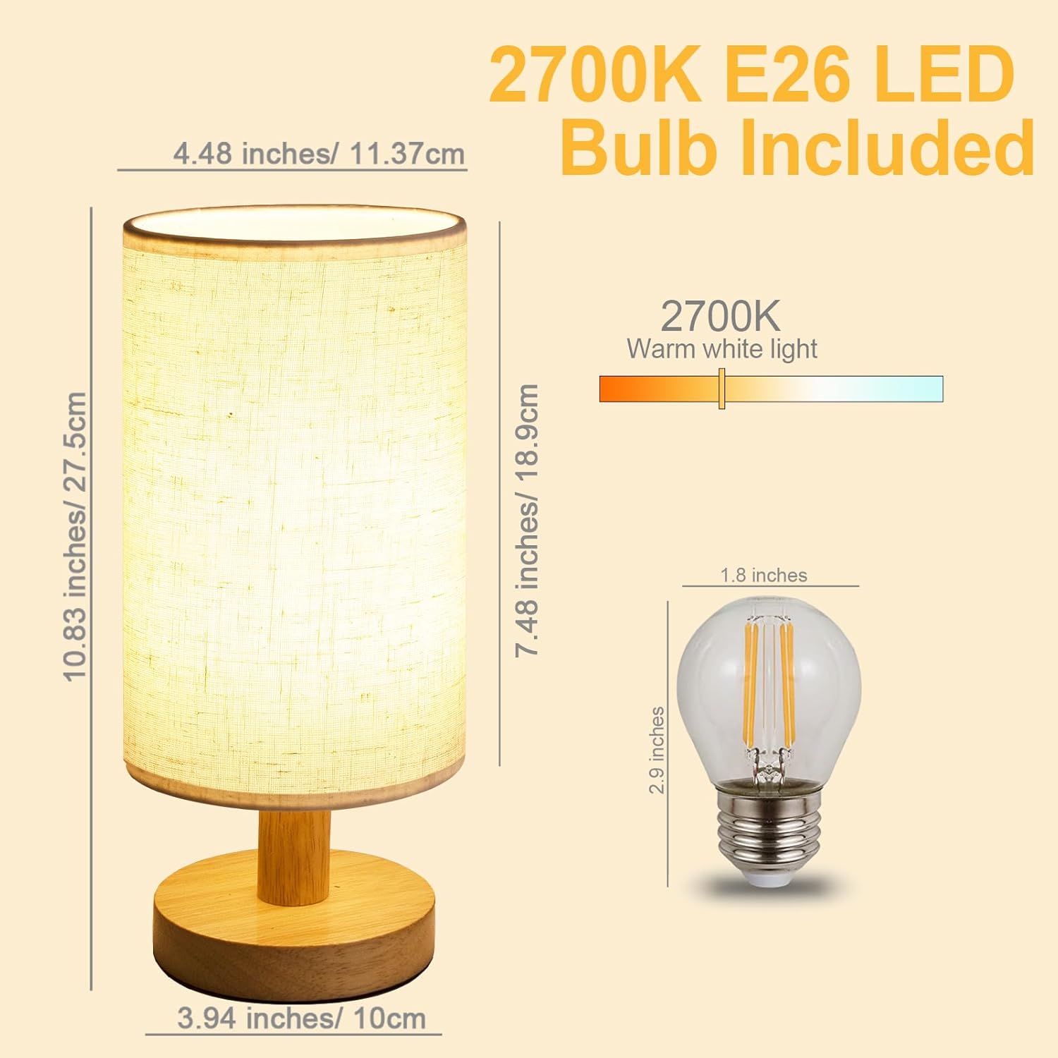 Small Bedside Table Lamp for Bedroom, Minimalist Wood Base & Round Fabric Shade, Mini Cute Cozy Warm White Nightstand Boho Lamp, Study Desk Night Stand Light for Room, Dorm, Nursery, Living Room