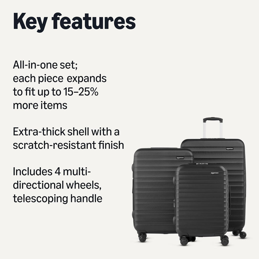 Basics 21" Hardside Carry-On Luggage, Hardshell Suitcase With Wheels, Expandable For Up to 25% More Space, With Scratch-Resistant Surface, Four Multi-directional Wheels, Black