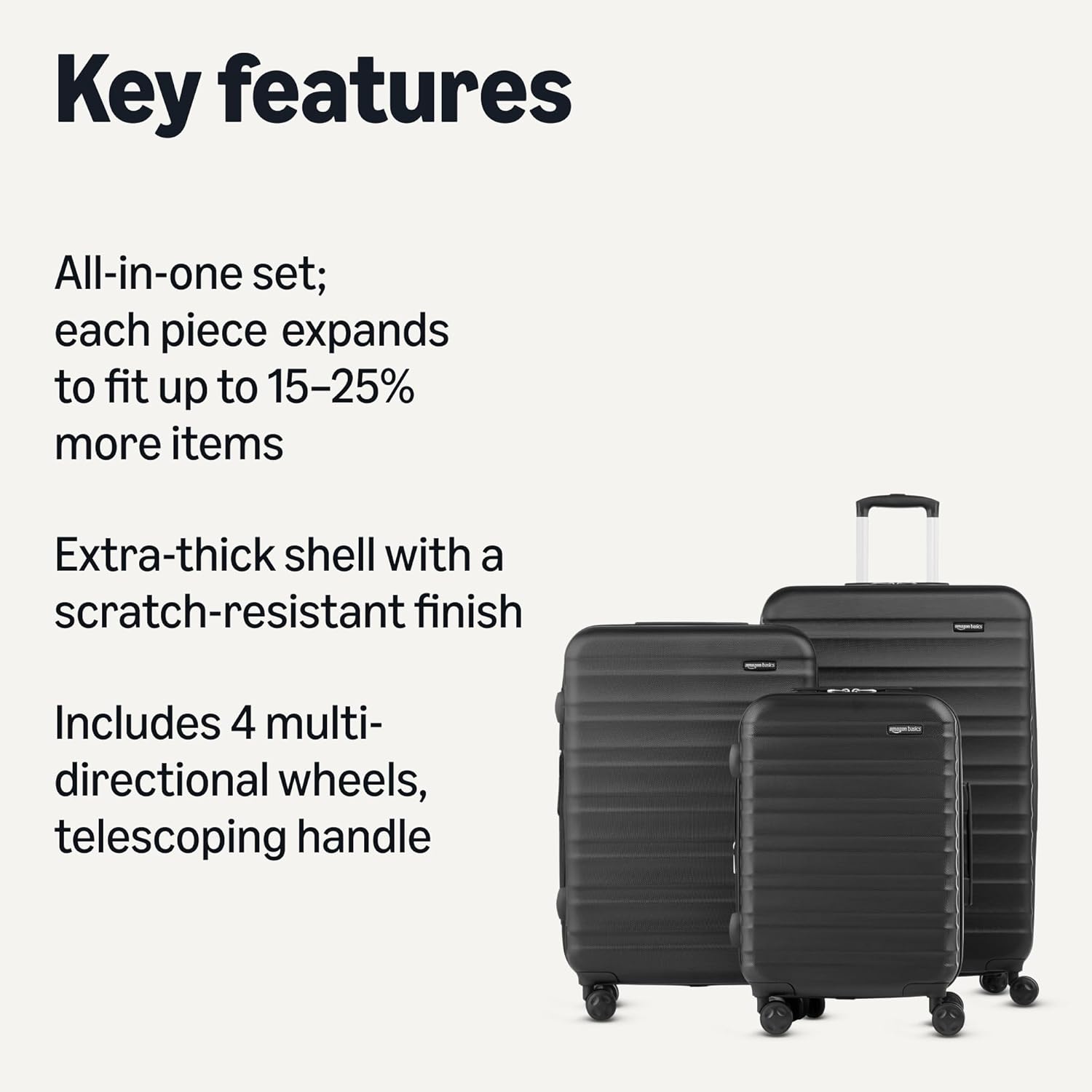 Basics 21" Hardside Carry-On Luggage, Hardshell Suitcase With Wheels, Expandable For Up to 25% More Space, With Scratch-Resistant Surface, Four Multi-directional Wheels, Black