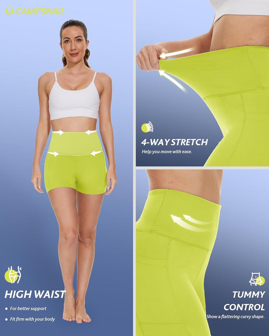 CAMPSNAIL Biker Shorts Women with Pockets - 3"/5"/8" High Waisted Workout Spandex Tummy Control Gym Running Yoga Shorts