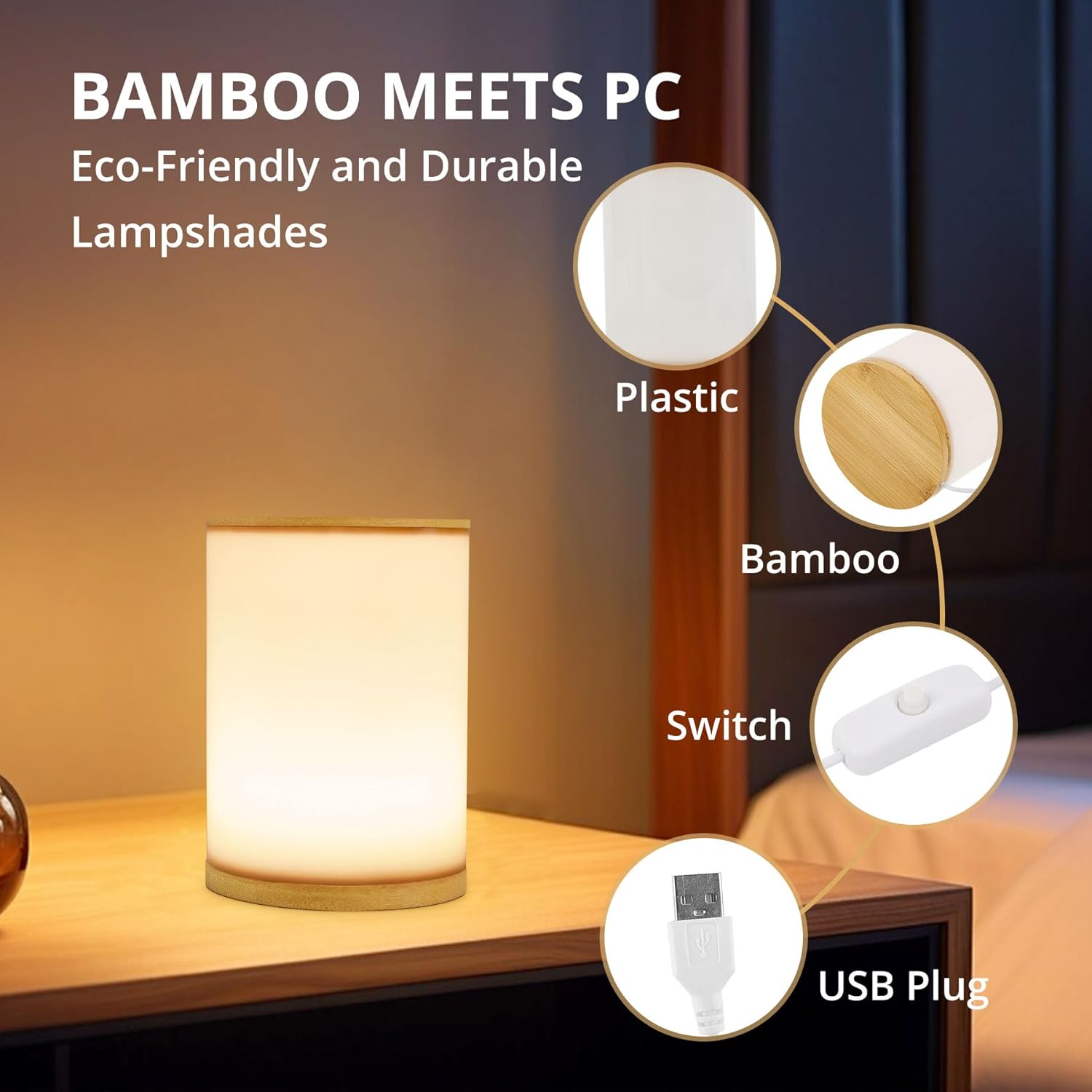 Small Bedside Table Lamp for Bedroom, Minimalist Wood Base & Round Fabric Shade, Mini Cute Cozy Warm White Nightstand Boho Lamp, Study Desk Night Stand Light for Room, Dorm, Nursery, Living Room