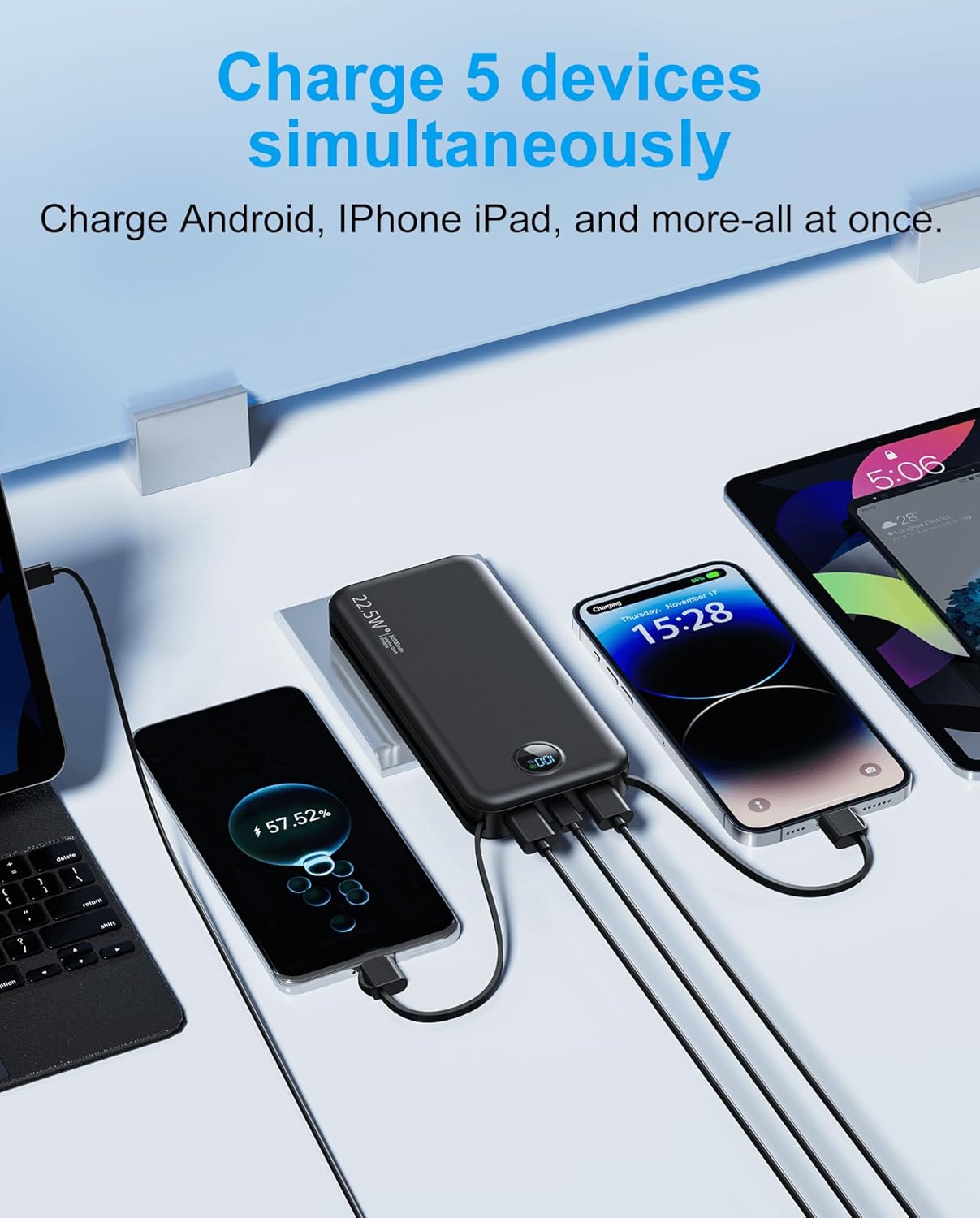 Portable Charger Power Bank, 12000mAh 22.5W USB C Fast Charging with Built-in Cables and Wall Plug, Travel Essential Battery Pack with LED Display for iPhone, iPad, Samsung Pink