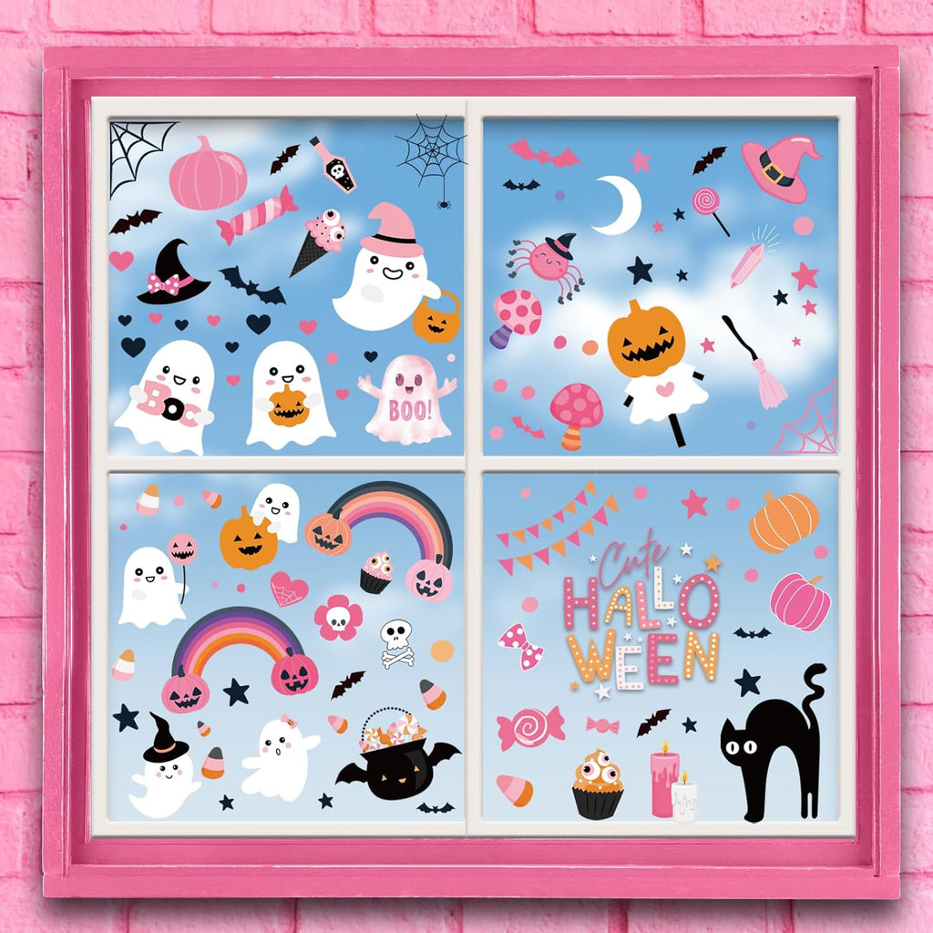 Pink Halloween Window Clings Decor, Cute Window Stickers Decoration, Ghost Bat Pumpkin Decals for Home Classroom Kids Rooms, 9 Sheets