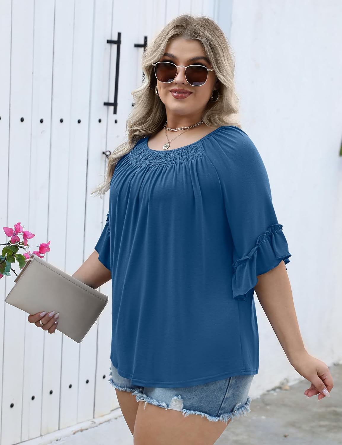 Micoson Womens Plus Size Tops 3/4 Ruffle Sleeve Shirts Crewneck Pleated Blouses Dressy Casual Fashion Tunic Top (1X-5X)