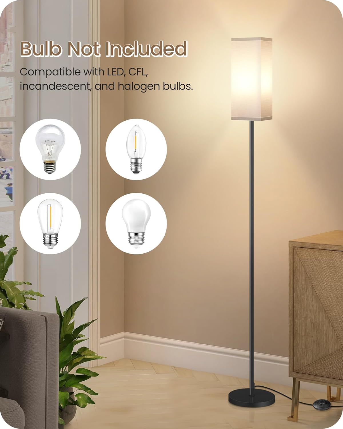 64.6" Floor Lamp, Pole with Foot Switch, Modern Standing Lamp Lampshade, Minimalist Freestanding Lamp (Bulb Not Included), for Living Room, Bedroom Office ETL Listed, Black and Beige E07LD05