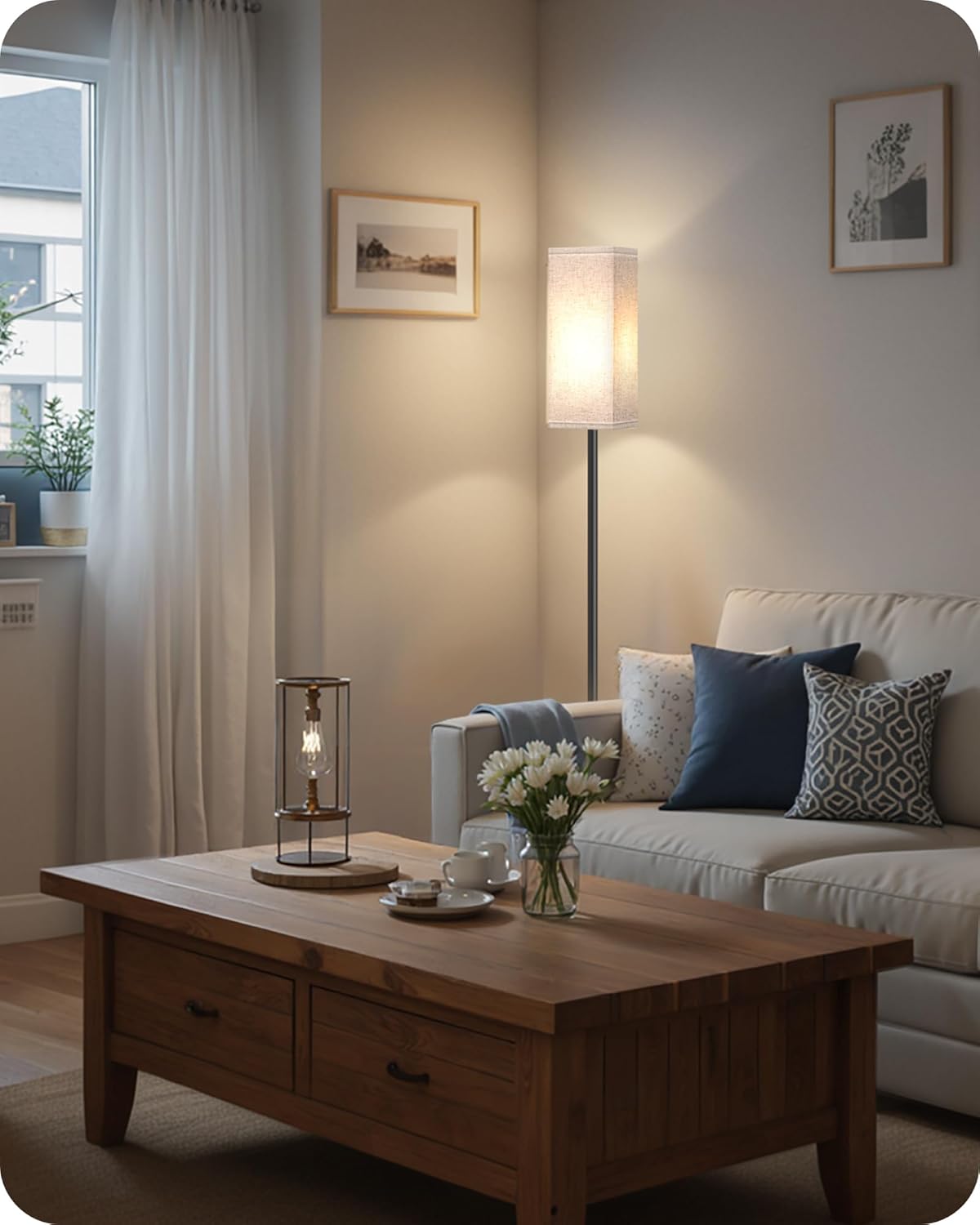 64.6" Floor Lamp, Pole with Foot Switch, Modern Standing Lamp Lampshade, Minimalist Freestanding Lamp (Bulb Not Included), for Living Room, Bedroom Office ETL Listed, Black and Beige E07LD05