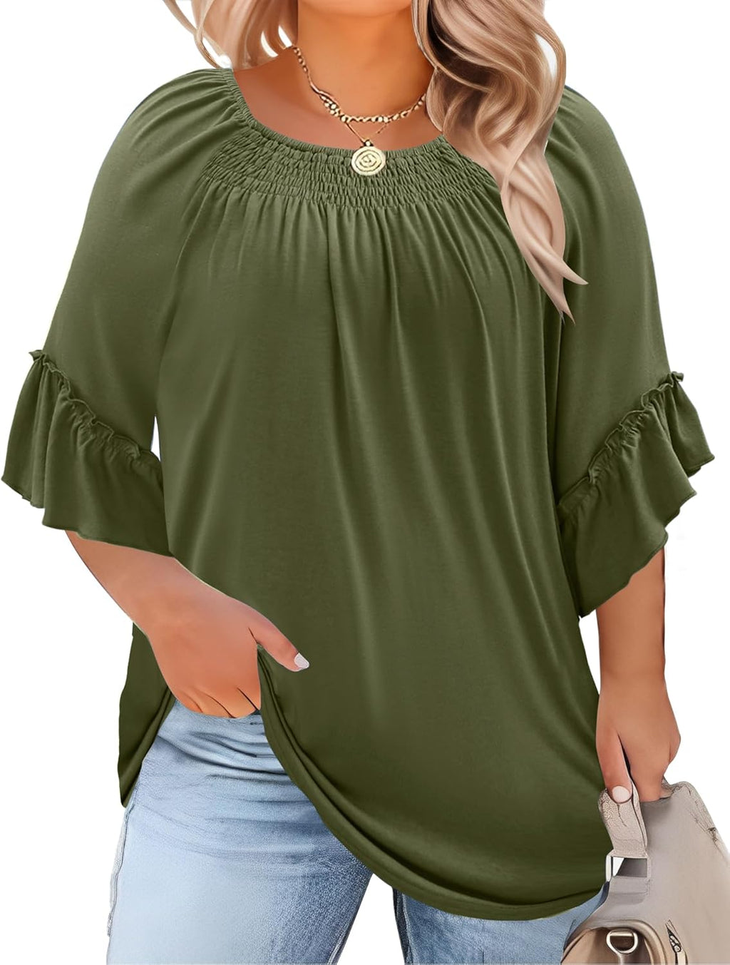 Micoson Womens Plus Size Tops 3/4 Ruffle Sleeve Shirts Crewneck Pleated Blouses Dressy Casual Fashion Tunic Top (1X-5X)