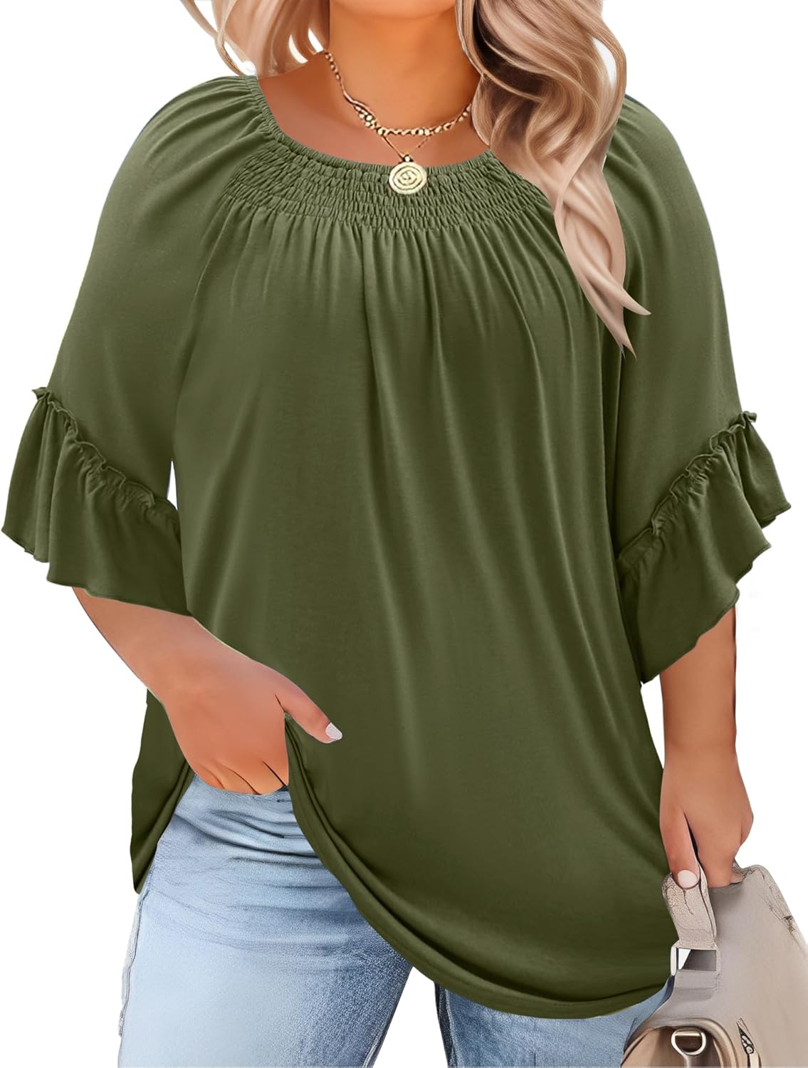 Micoson Womens Plus Size Tops 3/4 Ruffle Sleeve Shirts Crewneck Pleated Blouses Dressy Casual Fashion Tunic Top (1X-5X)