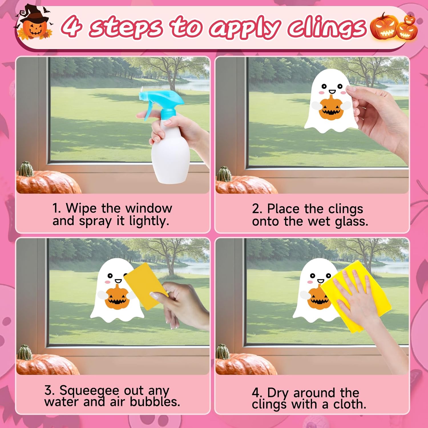 Pink Halloween Window Clings Decor, Cute Window Stickers Decoration, Ghost Bat Pumpkin Decals for Home Classroom Kids Rooms, 9 Sheets