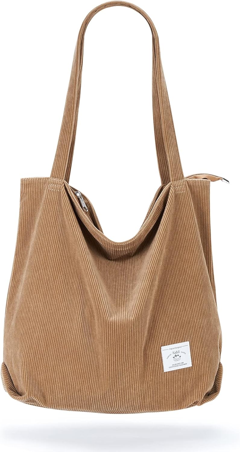 KALIDI Women Corduroy Tote Bag Zipper Casual Tote's Handbag Big Capacity Shoulder Bag with Pockets