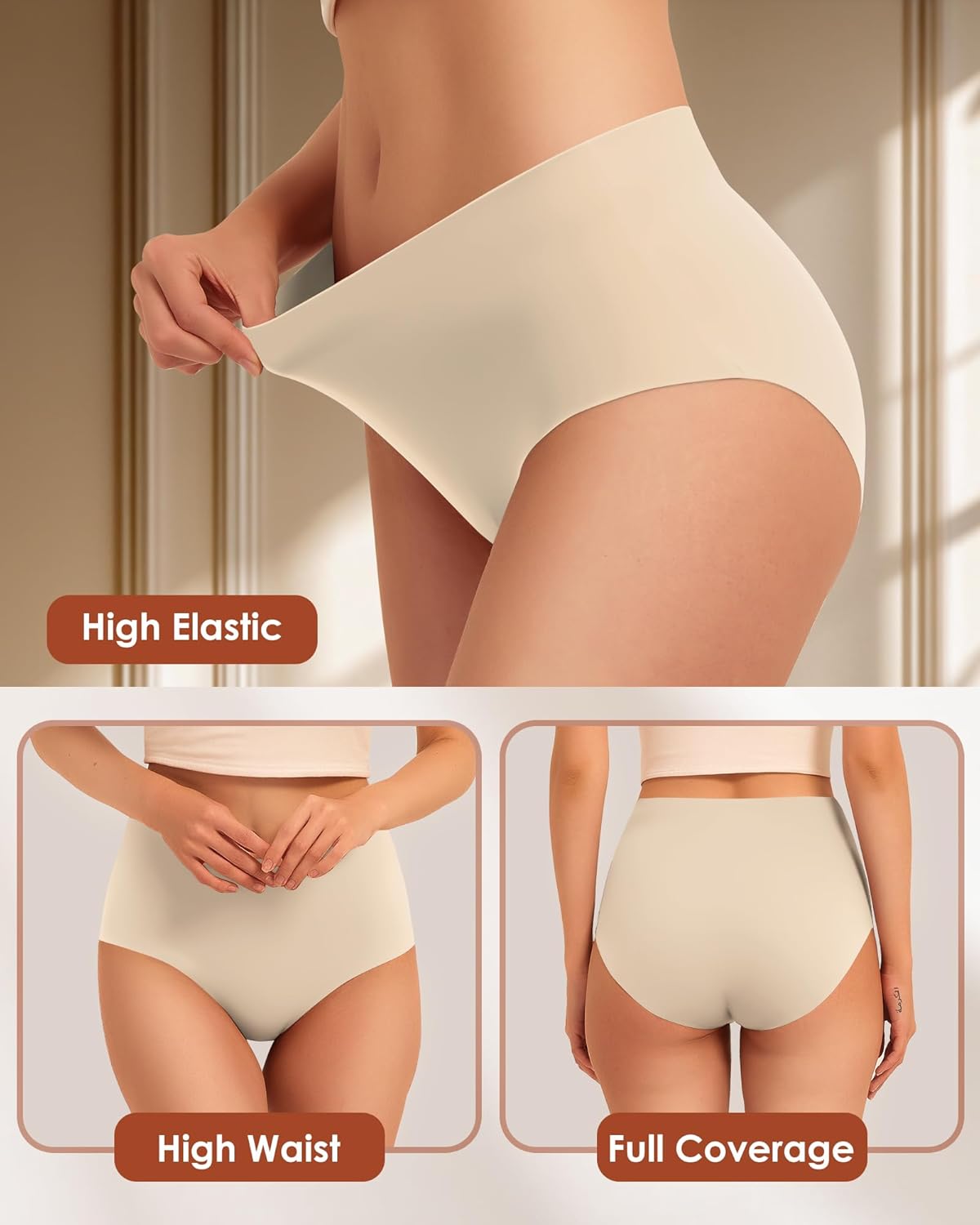 Kalapa Womens Underwear Seamless Full Coverage Breathable Briefs No Show Silky Stretch High Waisted Ladies Panties 6 Pack