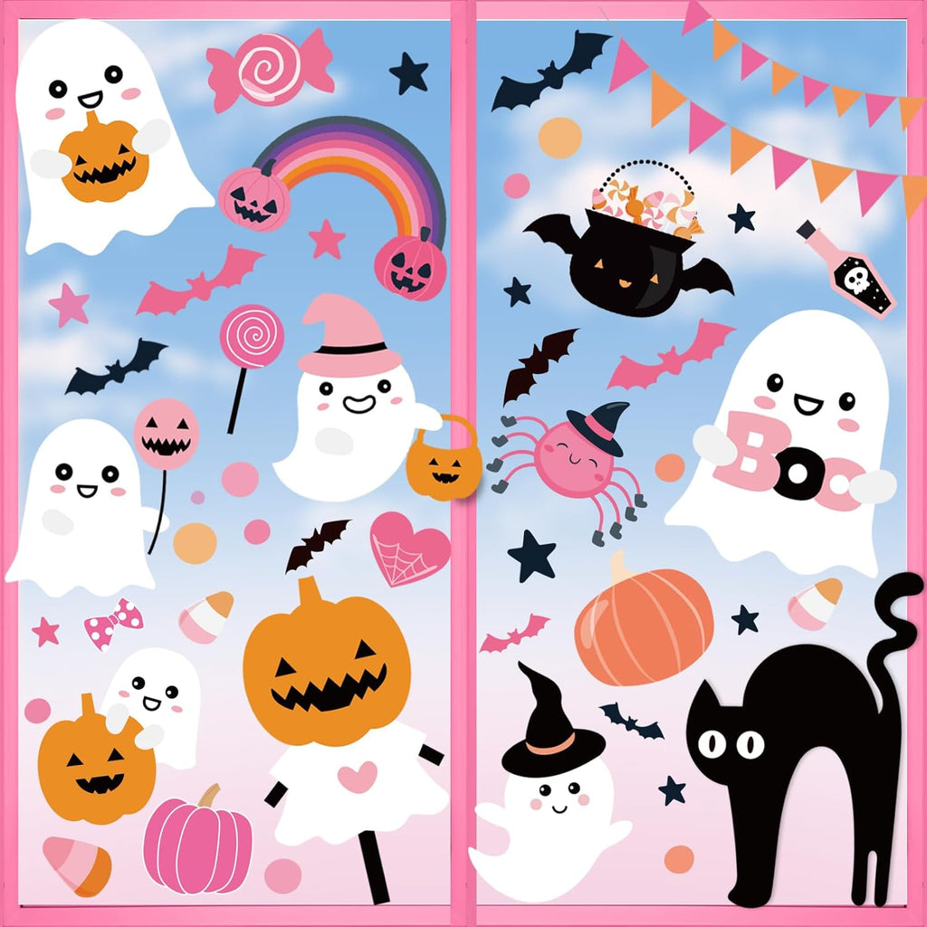 Pink Halloween Window Clings Decor, Cute Window Stickers Decoration, Ghost Bat Pumpkin Decals for Home Classroom Kids Rooms, 9 Sheets