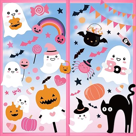 Pink Halloween Window Clings Decor, Cute Window Stickers Decoration, Ghost Bat Pumpkin Decals for Home Classroom Kids Rooms, 9 Sheets