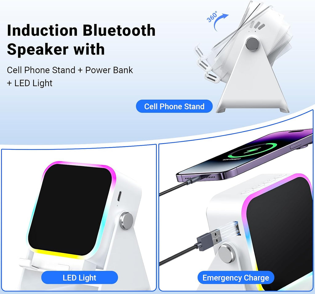 Induction Speaker with Phone Stand 5 in 1 Wireless Induction Bluetooth Audio for iPhone Android Phone Speakers Amplifier with Rechargeable Colorful Light, Birthday Gifts for Men Women Teens (Black)