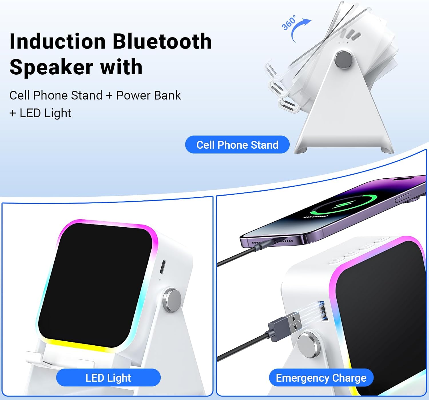 Induction Speaker with Phone Stand 5 in 1 Wireless Induction Bluetooth Audio for iPhone Android Phone Speakers Amplifier with Rechargeable Colorful Light, Birthday Gifts for Men Women Teens (Black)
