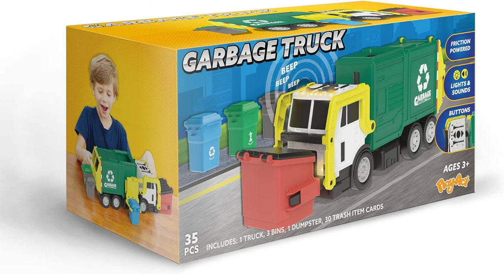 JOYIN Large Friction Powered Garbage Truck Toy Set, Includes Dumpster, Trash Bins, and Learning Cards for Kids, Boy Toys Birthday Gift for Boys Girls Kids Toddler Gift for Christmas