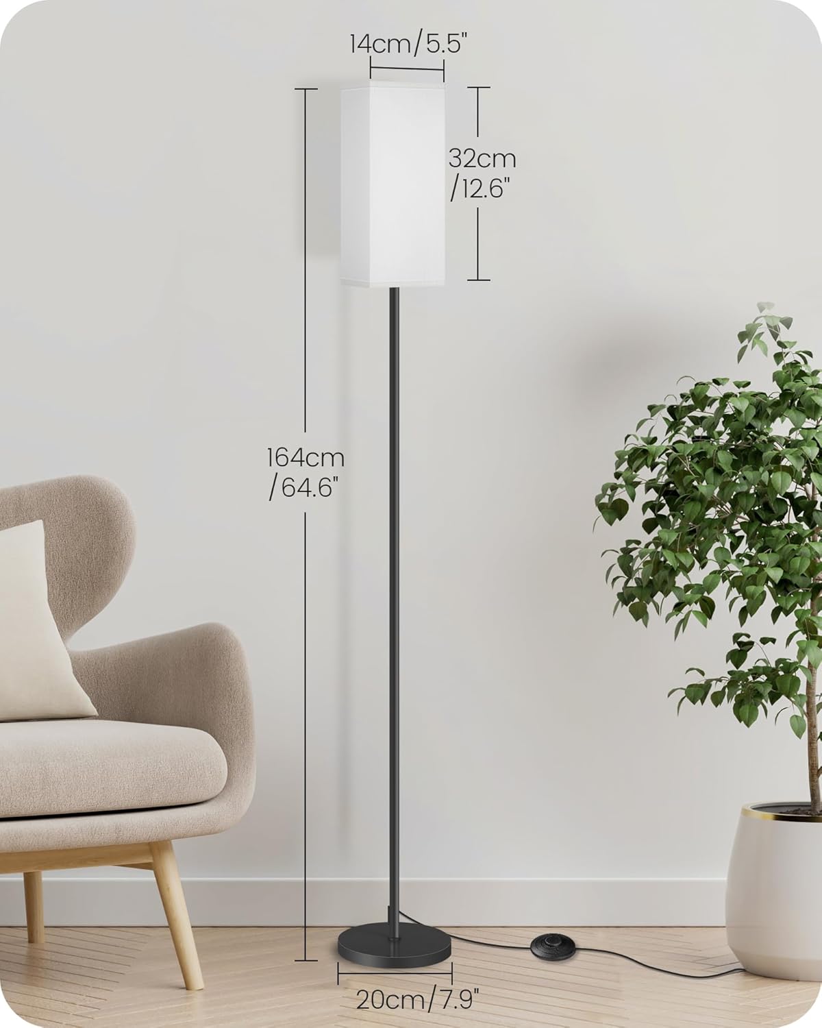 64.6" Floor Lamp, Pole with Foot Switch, Modern Standing Lamp Lampshade, Minimalist Freestanding Lamp (Bulb Not Included), for Living Room, Bedroom Office ETL Listed, Black and Beige E07LD05